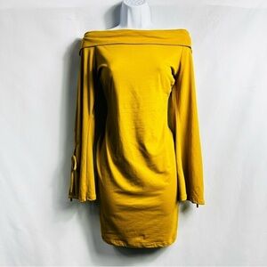 Kafé Design Women’s Sz Large Yellow Off The Shoulder Long Bell Sleeve Dress